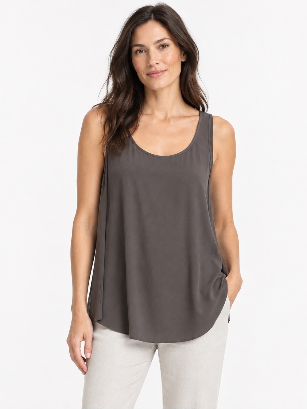 Eileen Fisher XL Bark Silk Georgette Crepe Scoop Neck Tank NWT $218